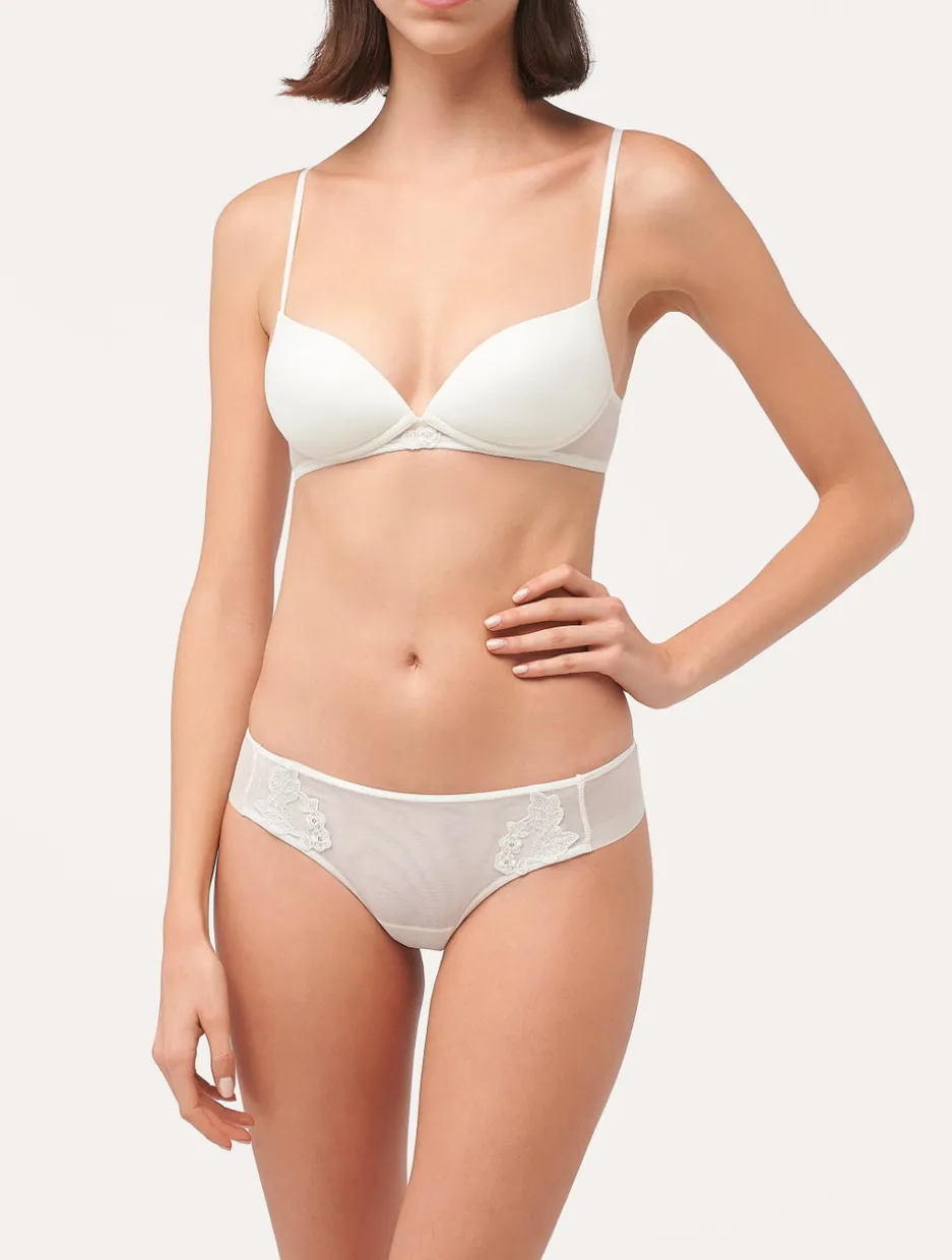Thong In Sheer Off-white Embroidered Tulle