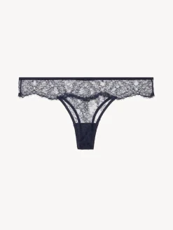 Thong In Steel Blue And Black With Leavers Lace
