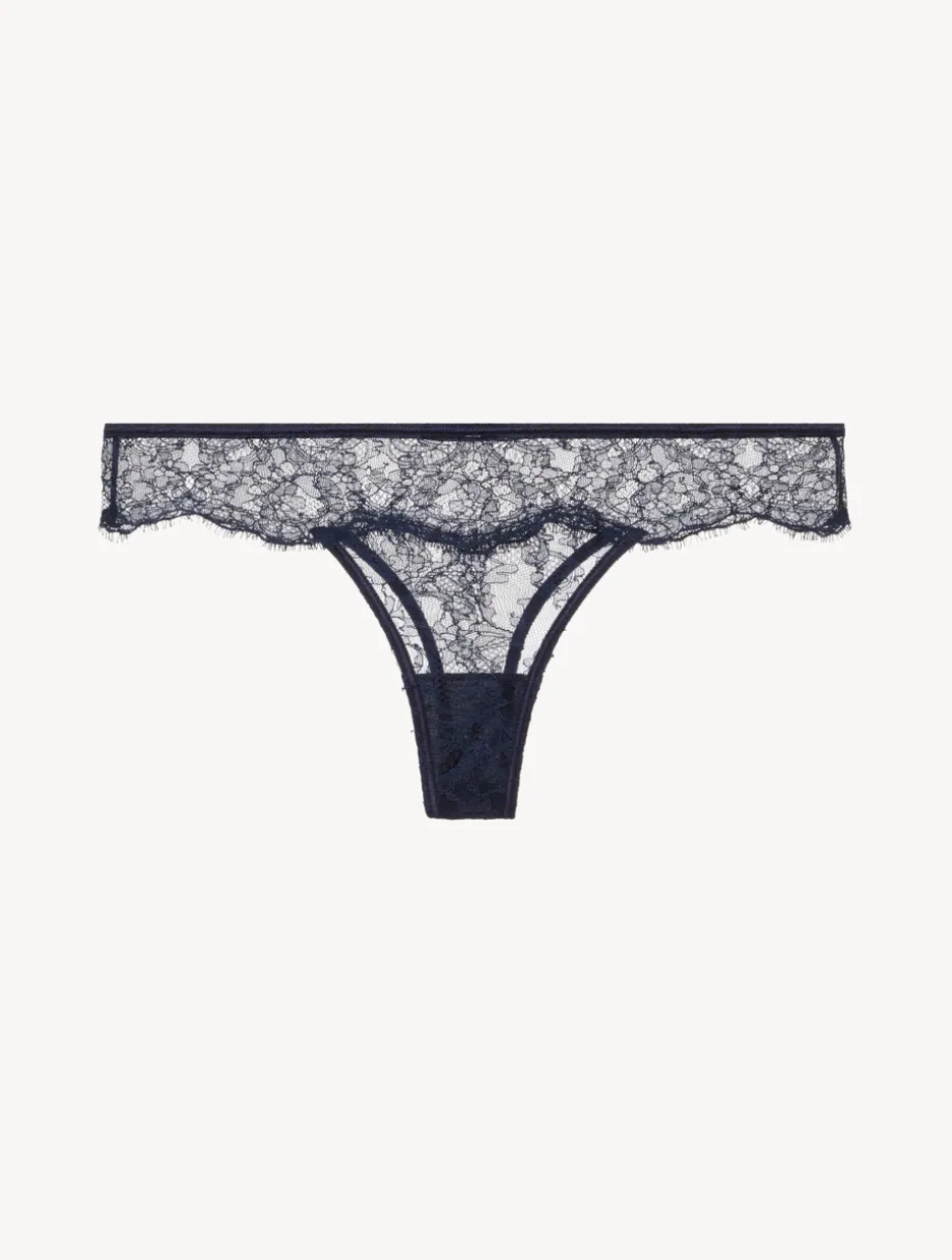Thong In Steel Blue And Black With Leavers Lace
