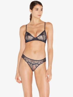 Thong In Steel Blue And Black With Leavers Lace
