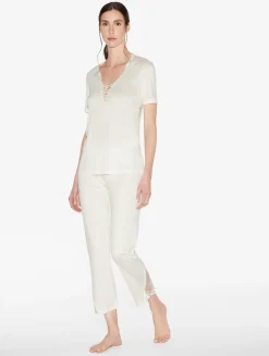 Trousers In Off-white Modal With Embroidered Tulle