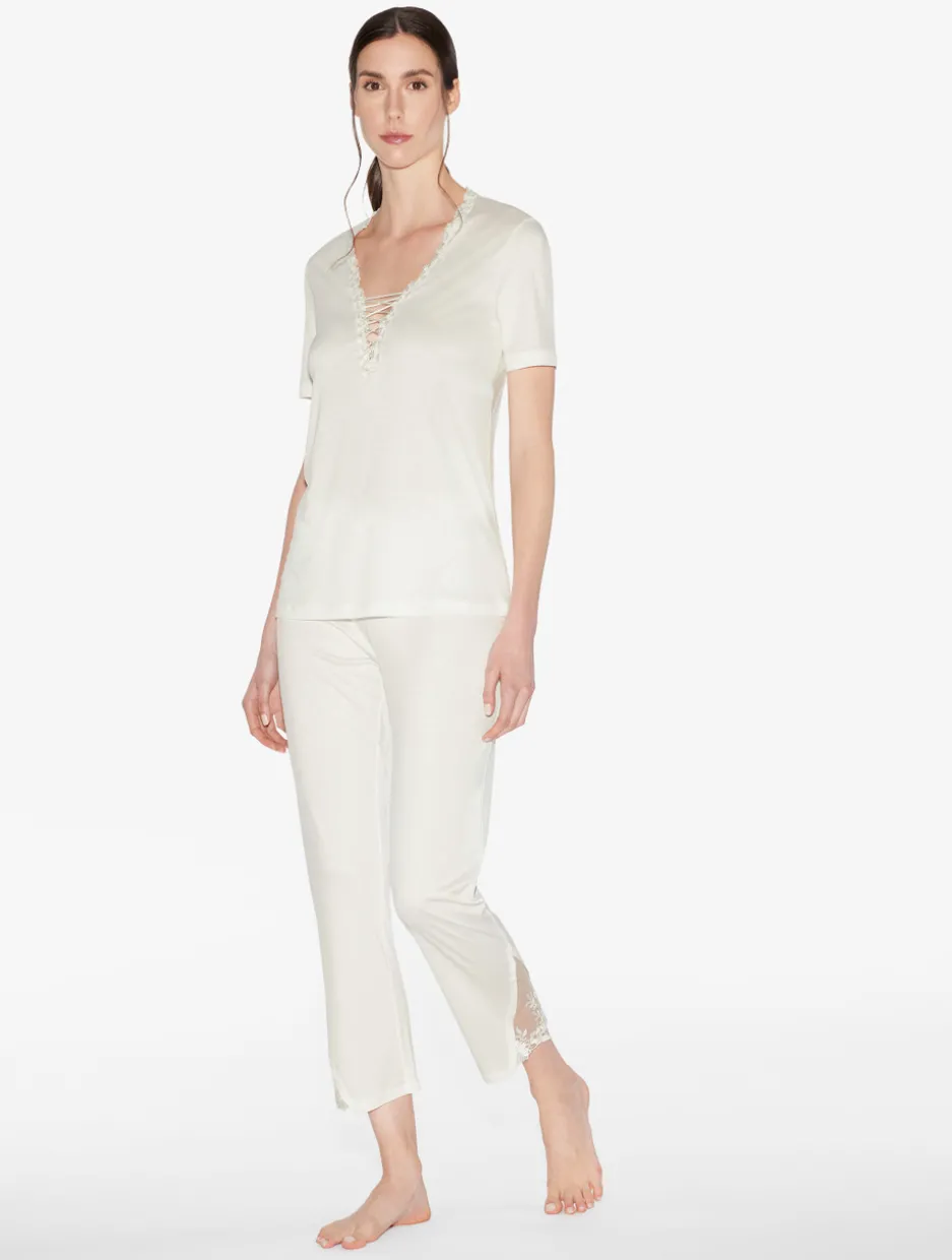 Trousers In Off-white Modal With Embroidered Tulle