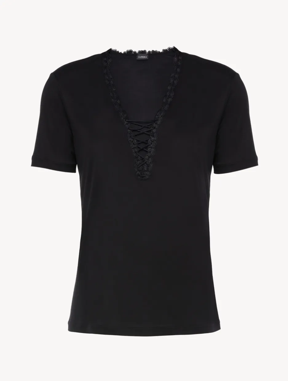 T-shirt In Black Modal With Embroidered Tulle
