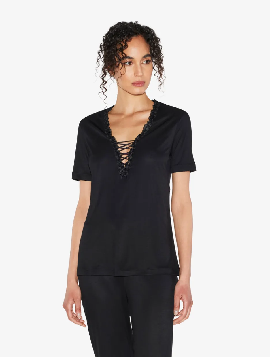 T-shirt In Black Modal With Embroidered Tulle