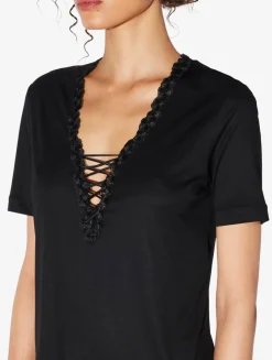T-shirt In Black Modal With Embroidered Tulle