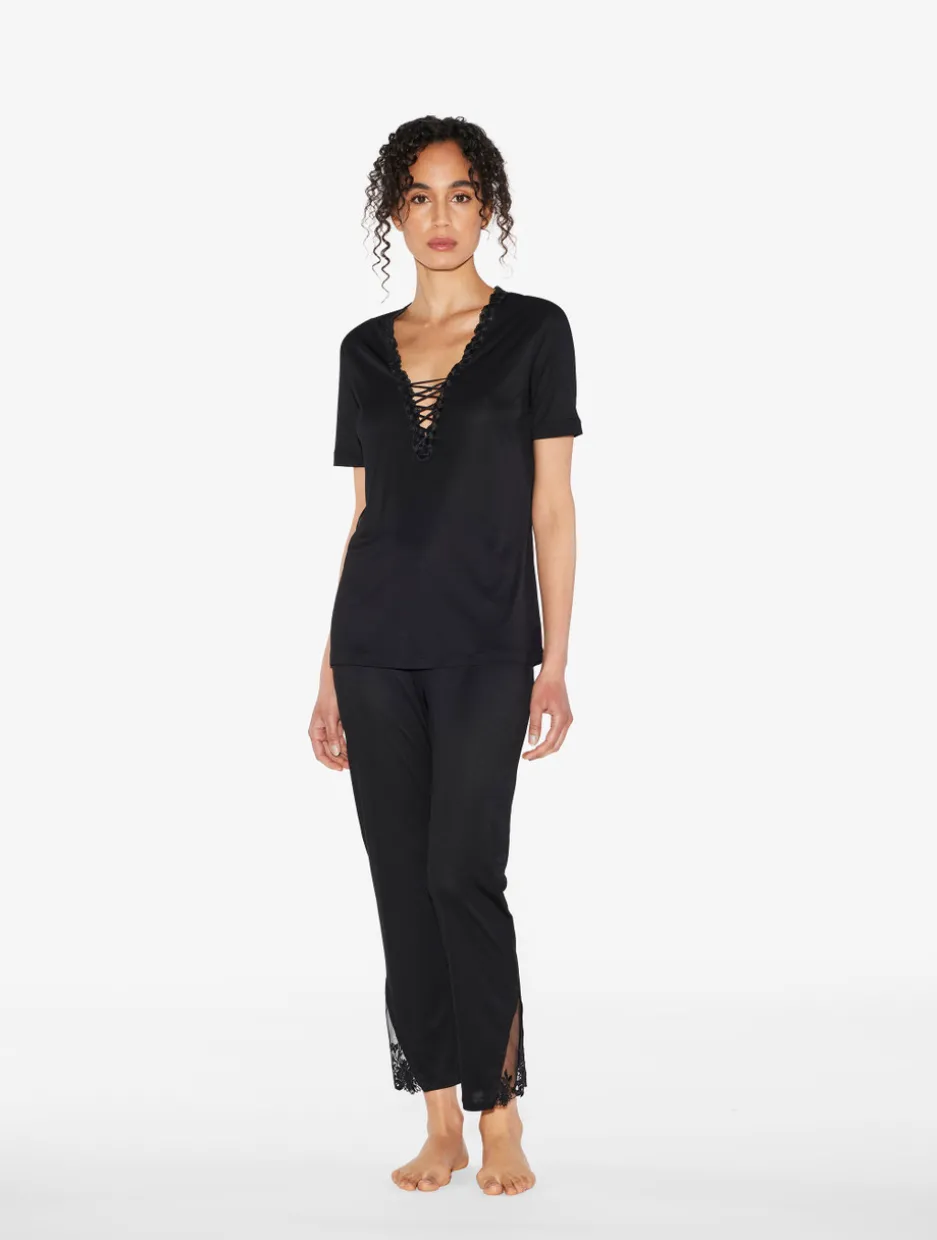 T-shirt In Black Modal With Embroidered Tulle