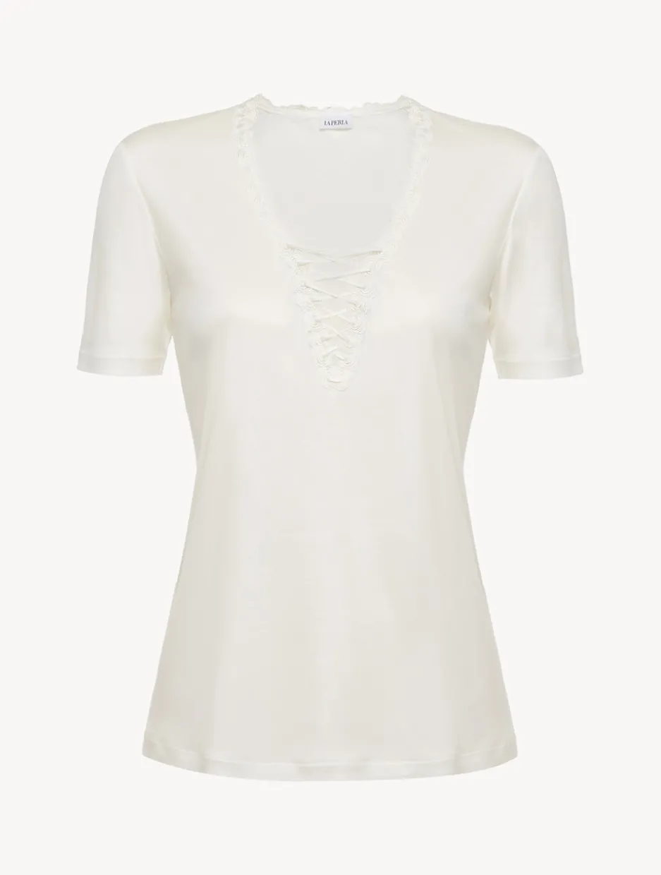 T-shirt In Off-white Modal With Embroidered Tulle