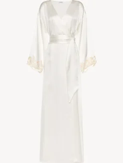 White Long Silk Robe With Ivory Frastaglio
