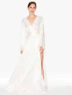 White Long Silk Robe With Ivory Frastaglio
