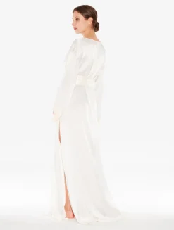 White Long Silk Robe With Ivory Frastaglio