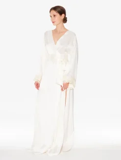 White Long Silk Robe With Ivory Frastaglio