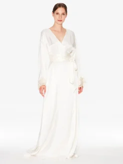 White Long Silk Robe With Ivory Frastaglio