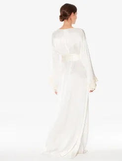 White Long Silk Robe With Ivory Frastaglio