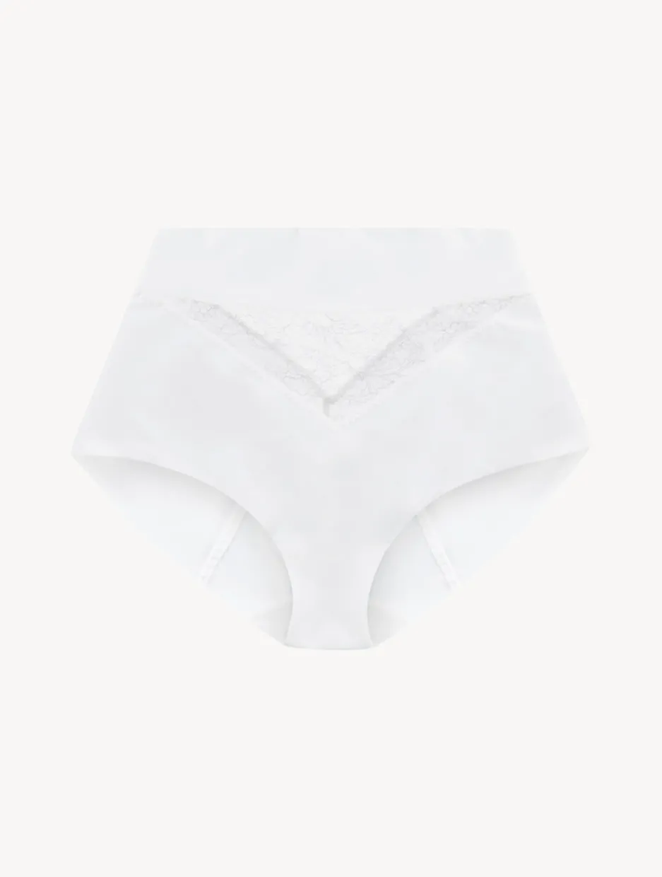 White Lycra Control Fit High-waist Briefs With Chantilly Lace