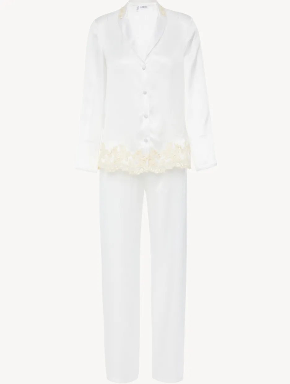 White Silk Long Pajamas With Frastaglio
