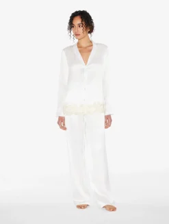 White Silk Long Pajamas With Frastaglio