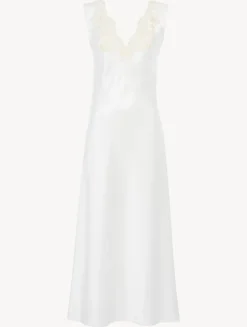 White Silk Satin Long Nightgown With Frastaglio