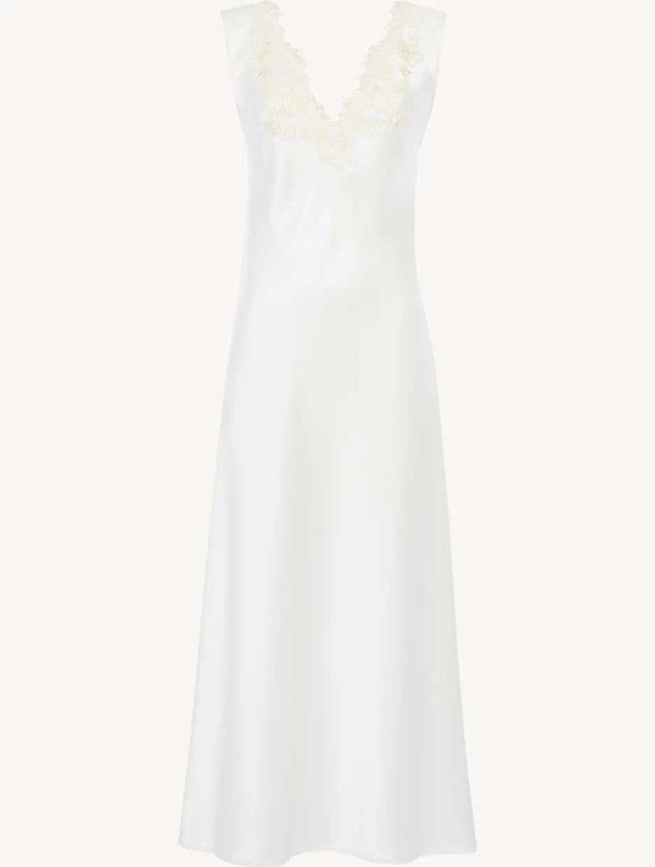White Silk Satin Long Nightgown With Frastaglio