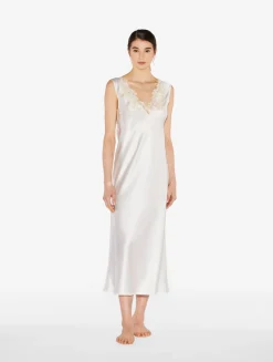 White Silk Satin Long Nightgown With Frastaglio