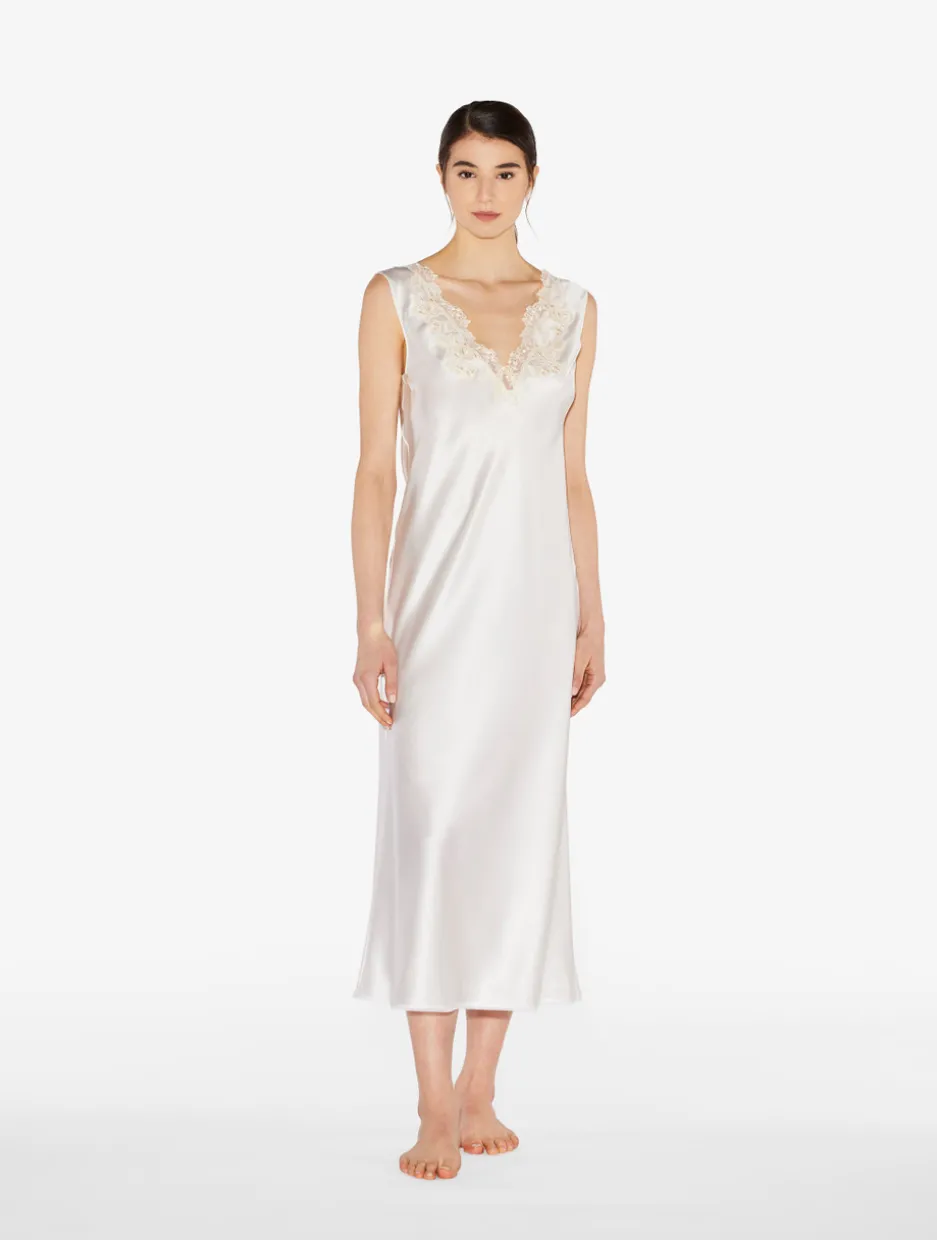White Silk Satin Long Nightgown With Frastaglio