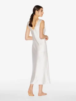 White Silk Satin Long Nightgown With Frastaglio