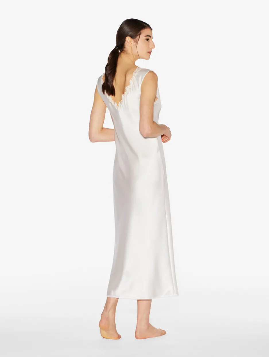 White Silk Satin Long Nightgown With Frastaglio