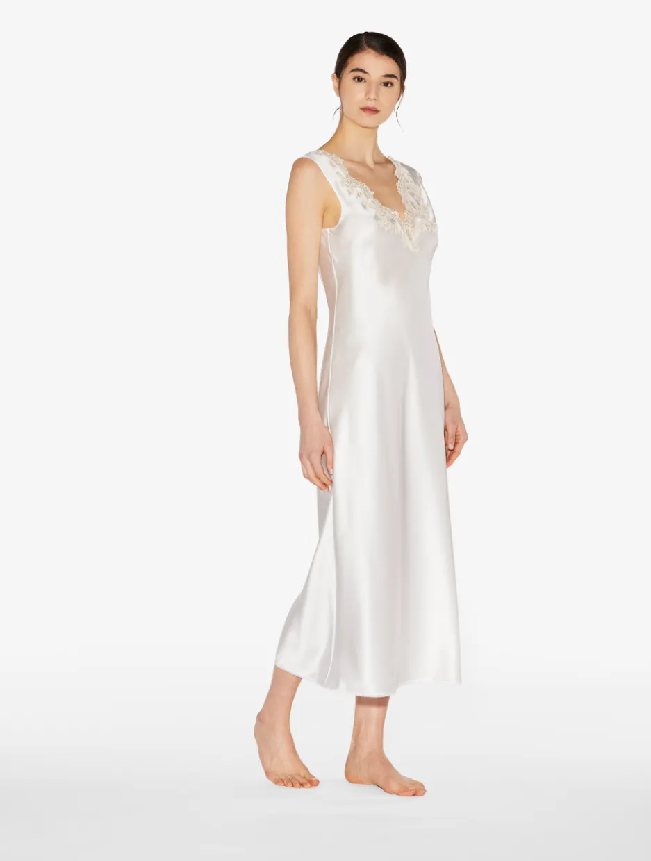 White Silk Satin Long Nightgown With Frastaglio